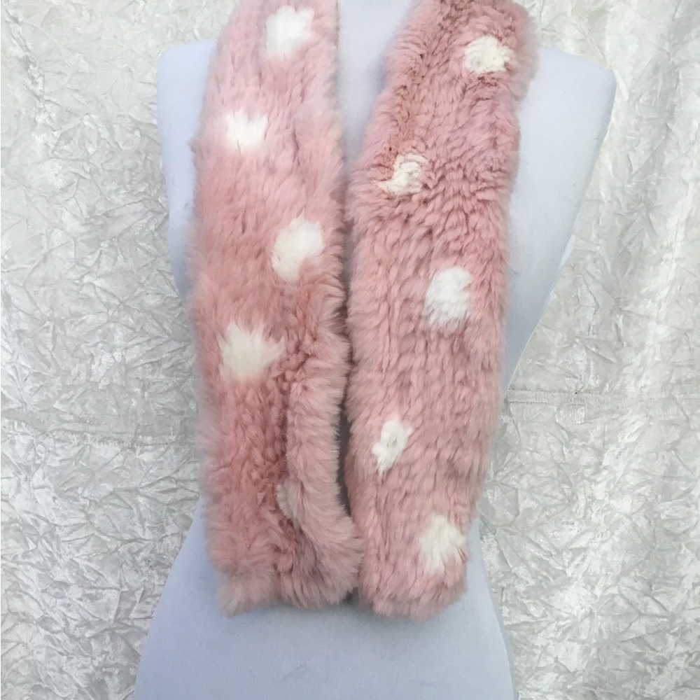 Blush Pink Real Fur Knit Scarf Polka Dot 45”